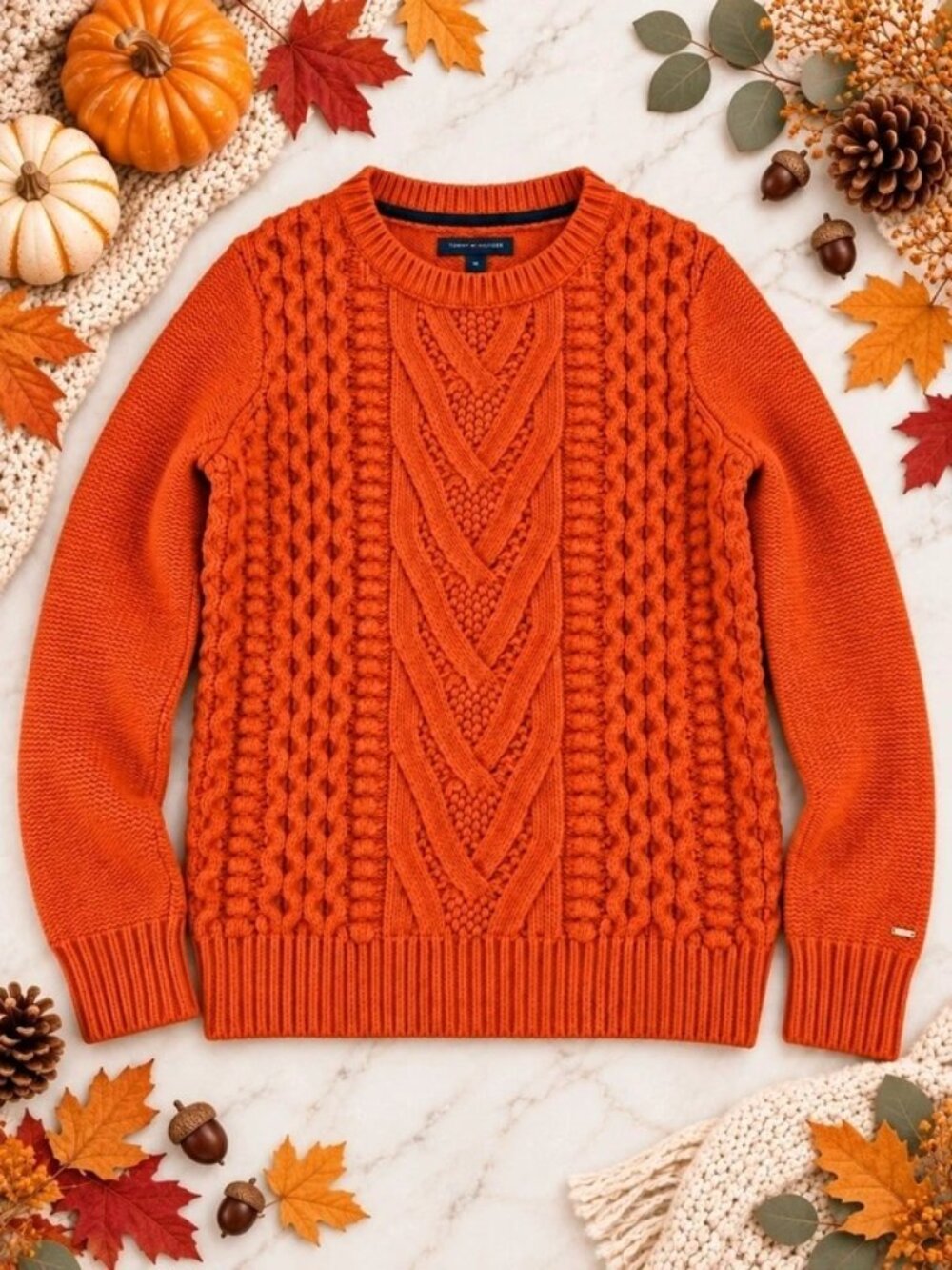 Tommy Hilfiger Women’s Cable Knit Sweater Size M Burnt Orange Wool Blend